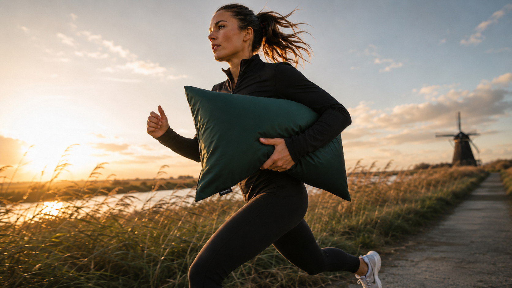 Vrouw sprint buiten met PONRA zijden kussensloop, molen op de achtergrond bij zonsondergang