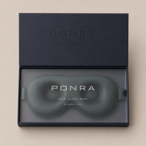 3D zijden slaapmasker van PONRA, verpakking flatlay